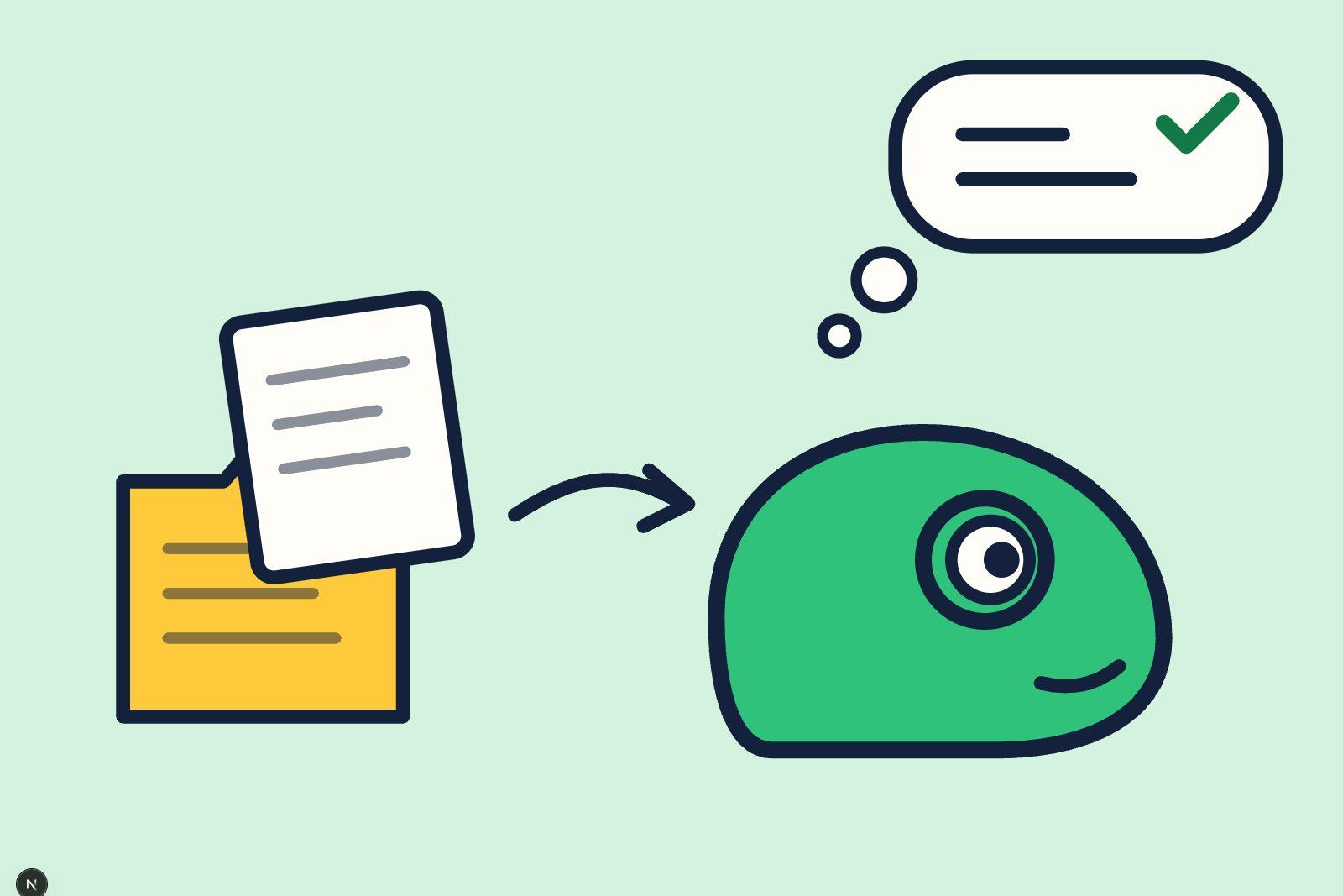 Illustratie: documenten gaan een groene kameleon in, die daarna een antwoord met een vinkje geeft